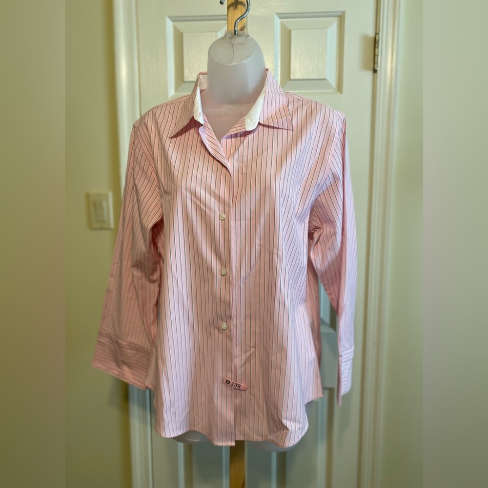 Casual Corner - Easy care stretch pink button down shirt w/gray/white stripes, L